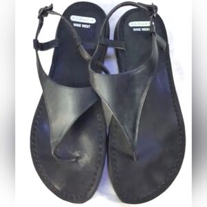 Nine West Cloud 9 Sandals Black Leather  Thong Slides Women's Size 7.5M.…